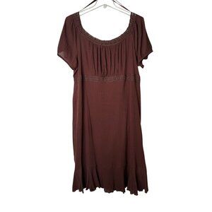 Anna Maxwell Womens 3X Brown Cotton Dress W/ Crochet Trim Y2K Cottage Country